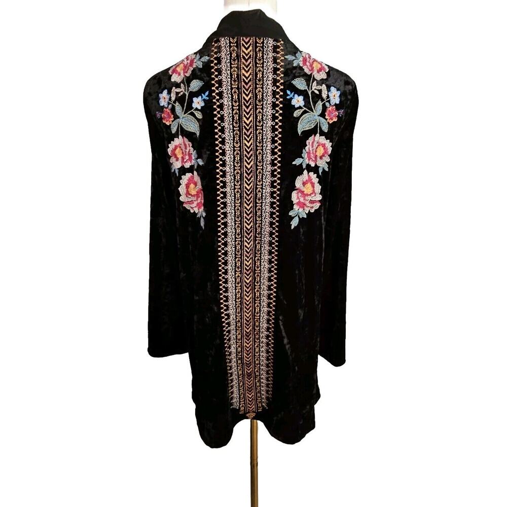 Andree Unit Floral Boho Embroidered Black Crushed Velvet Cardigan Kimono TOP Sml